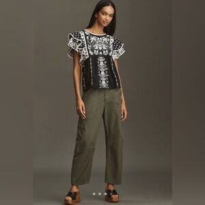 Farm Rio Black & White Ruffled Sleeve Top NWT Medium